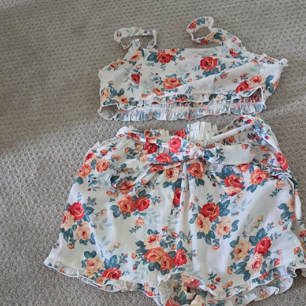 Floral Crop Top and High Waisted Lounge Short Set